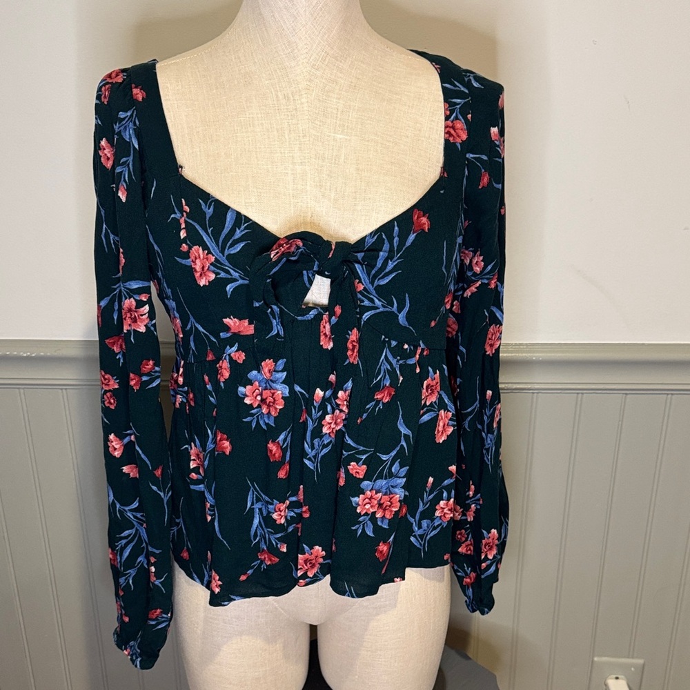 American Eagle Outfitters Navy Floral Tie-Front Long Sleeve Blouse